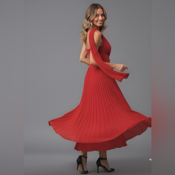 Red One Shoulder Twist Front Pleated Hem Dress* - Picture 4 of 10